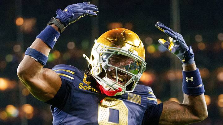 Notre Dame safety Adon Shuler celebrates after a touchdown during the second half of a NCAA football game against Wisconsin at Lambeau Field on Sunday, Sept. 6, 2026, in Green Bay, WI. Notre Dame safety Adon Shuler celebrates after a touchdown during the second half of a NCAA football game against Wisconsin at Lambeau Field on Sunday, Sept. 6, 2026, in Green Bay, WI.