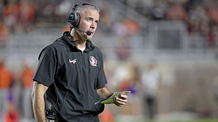 Oct 5, 2024; Tallahassee, Florida, USA; Florida State Seminoles head coach Mike Norvell looks on during the second half against the Clemson Tigers at Doak S. Campbell Stadium. Mandatory Credit: Melina Myers-Imagn Images