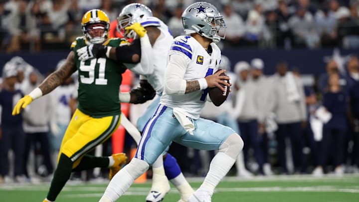 Dallas Cowboys QB Dak Prescott drops back to pass against the Green Bay Packers in the 2024 NFC wild card game.
