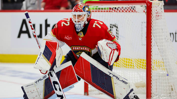 Apr 21, 2024; Sunrise, Florida, USA; Florida Panthers goaltender Sergei Bobrovsky (72) defends his