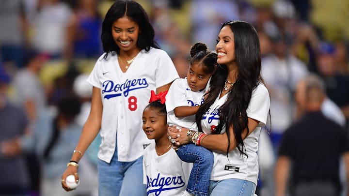 Natalia Bryant with sisters Bianka and Capri with their mother Vanessa Bryant in attendance at Dodger Stadium.