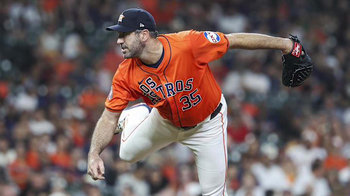 Sep 20, 2024; Houston, Texas, USA; Houston Astros starting pitcher Justin Verlander (35) delivers a pitch during the first inning against the Los Angeles Angels at Minute Maid Park.