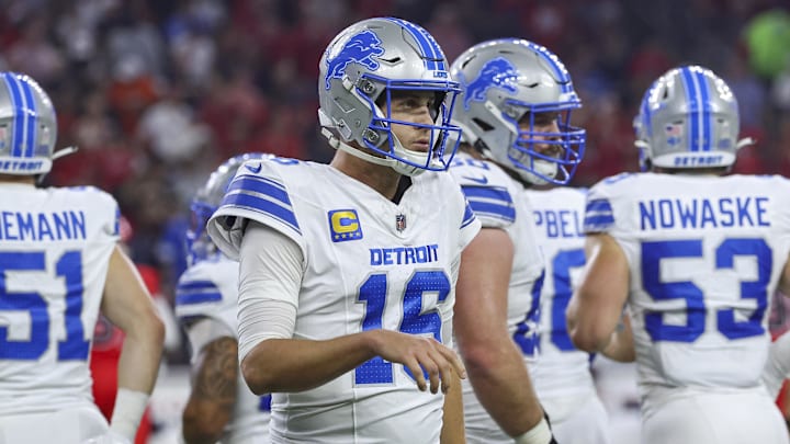 Nov 10, 2024; Houston, Texas, USA; Detroit Lions quarterback Jared Goff (16) walks off the field after a play during the first quarter against the Houston Texans at NRG Stadium. Mandatory Credit: Troy Taormina-Imagn Images