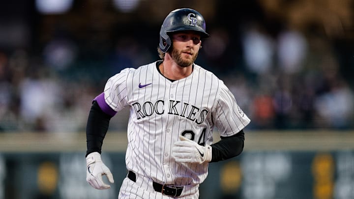 Apr 9, 2025; Denver, Colorado, USA; Colorado Rockies third baseman Ryan McMahon (24) rounds the bases on a solo home run in the third inning against the Milwaukee Brewers at Coors Field. Mandatory Credit: Isaiah J. Downing-Imagn Images