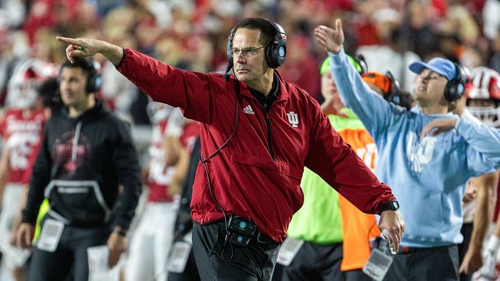 Nov 9, 2024; Bloomington, Indiana, USA; Indiana Hoosiers head coach Curt Cignetti reacts in the second half against the Michigan Wolverines at Memorial Stadium. Mandatory Credit: Trevor Ruszkowski-Imagn Images
