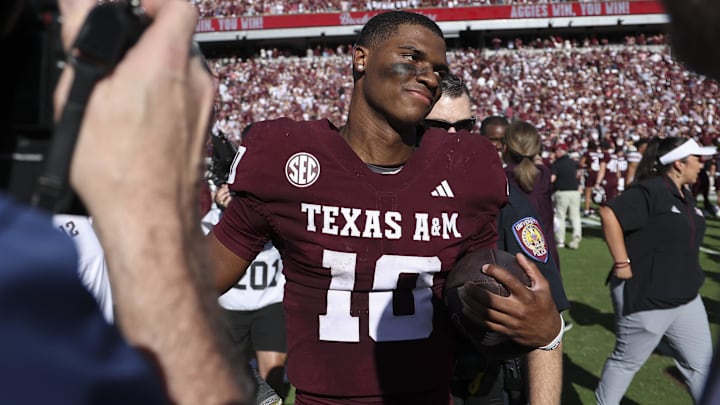 Nov 15, 2025; College Station, Texas, USA; Texas A&M Aggies quarterback Marcel Reed (10) walks on the field after the game against the South Carolina Gamecocks at Kyle Field. Mandatory Credit: Troy Taormina-Imagn Images