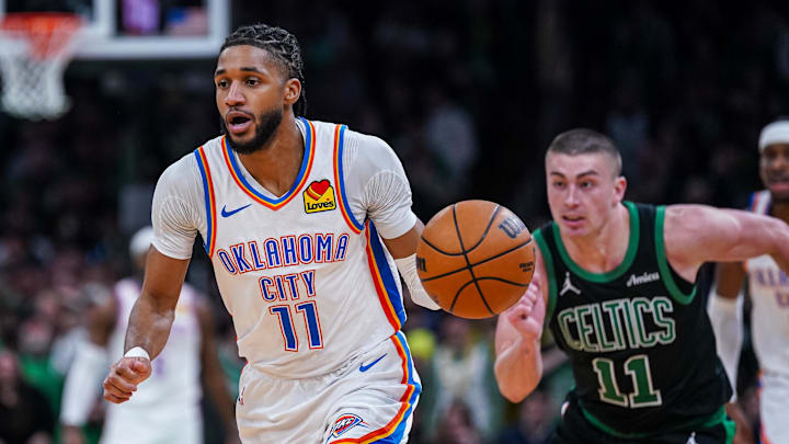 Mar 12, 2025; Boston, Massachusetts, USA; Oklahoma City Thunder guard Isaiah Joe (11) returns the ball against the Boston Celtics in the third quarter at TD Garden. Mandatory Credit: David Butler II-Imagn Images Mar 12, 2025; Boston, Massachusetts, USA; Oklahoma City Thunder guard Isaiah Joe (11) returns the ball against the Boston Celtics in the third quarter at TD Garden. Mandatory Credit: David Butler II-Imagn Images