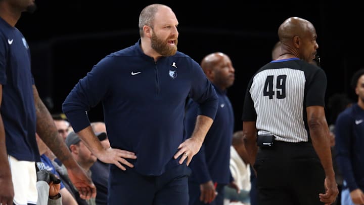 Nov 29, 2023; Memphis, Tennessee, USA; Memphis Grizzlies head coach Taylor Jenkins reacts during the