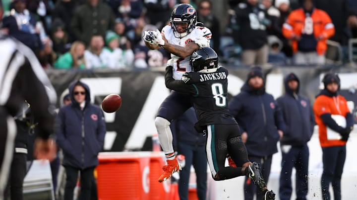 DJ Moore goes up for a catch against Philadelphia in last week's 24-15 Bears win.