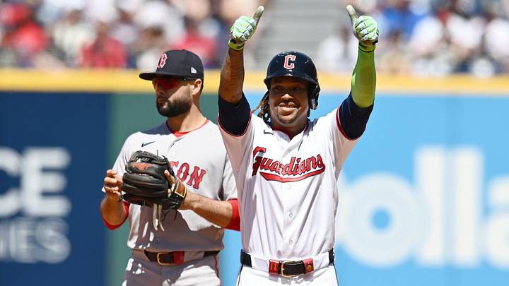 May 31, 2026: Cleveland Guardians third baseman Jose Ramirez (11) celebrates after hitting an RBI double during the fifth inning against the Boston Red Sox at Progressive Field. 