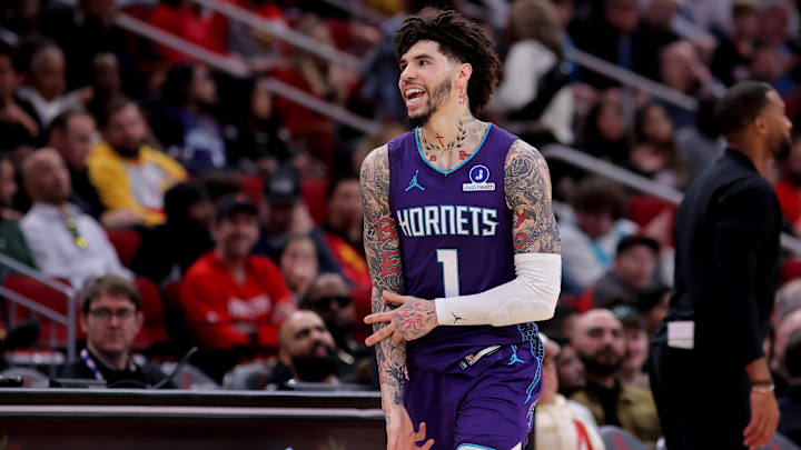 Feb 5, 2026; Houston, Texas, USA; Charlotte Hornets guard LaMelo Ball (1) reacts after a basket against the Houston Rockets during the third quarter at Toyota Center. Mandatory Credit: Erik Williams-Imagn Images