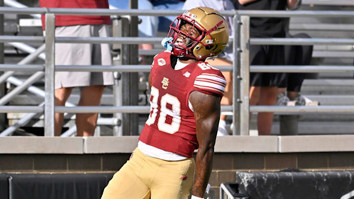 Boston College Eagles wide receiver Dawson Pough (88) reacts to his touchdown against the Fordham Rams during the second half at Alumni Stadium. Boston College Eagles wide receiver Dawson Pough (88) reacts to his touchdown against the Fordham Rams during the second half at Alumni Stadium.