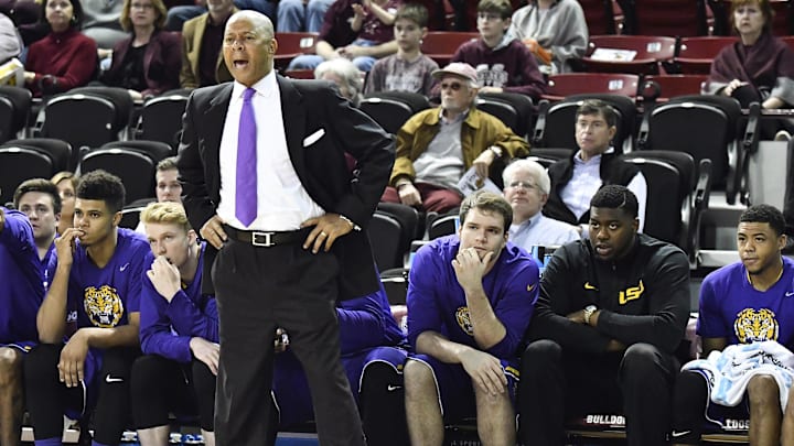 Mar 4, 2017; Starkville, MS, USA; LSU Tigers head coach Johnny Jones shouts during the first half of the game against Mississippi State.