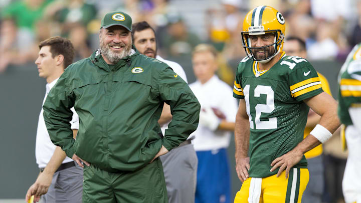 Aug 10, 2017; Green Bay, WI, USA; Green Bay Packers head coach Mike McCarthy talks with quarterback Aaron Rodgers (12) during warmups prior to the game against the Philadelphia Eagles at Lambeau Field.
