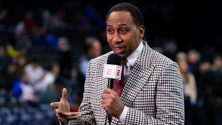 Dec 18, 2019; Philadelphia, PA, USA; ESPN analyst Stephen A. Smith broadcasts before a game between the Philadelphia 76ers and the Miami Heat at Wells Fargo Center. Mandatory Credit: Bill Streicher-Imagn Images