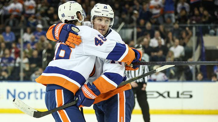 Nov 8, 2025; New York, New York, USA; New York Islanders center Bo Horvat (14) celebrates with defenseman Matthew Schaefer (48) after his second goal of the game in the second period against the New York Rangers at Madison Square Garden. Mandatory Credit: Wendell Cruz-Imagn Images Nov 8, 2025; New York, New York, USA; New York Islanders center Bo Horvat (14) celebrates with defenseman Matthew Schaefer (48) after his second goal of the game in the second period against the New York Rangers at Madison Square Garden. Mandatory Credit: Wendell Cruz-Imagn Images