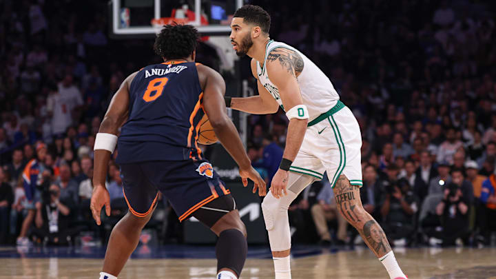 May 12, 2025; New York, New York, USA; Boston Celtics forward Jayson Tatum (0) is guarded by New York Knicks forward OG Anunoby (8) in the second half during game four of the second round for the 2025 NBA Playoffs at Madison Square Garden. Mandatory Credit: Vincent Carchietta-Imagn Images May 12, 2025; New York, New York, USA; Boston Celtics forward Jayson Tatum (0) is guarded by New York Knicks forward OG Anunoby (8) in the second half during game four of the second round for the 2025 NBA Playoffs at Madison Square Garden. Mandatory Credit: Vincent Carchietta-Imagn Images