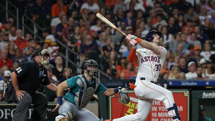 Sep 24, 2024; Houston, Texas, USA; Houston Astros right fielder Kyle Tucker (30) hits a home run against the Seattle Mariners in the fourth inning at Minute Maid Park. Sep 24, 2024; Houston, Texas, USA; Houston Astros right fielder Kyle Tucker (30) hits a home run against the Seattle Mariners in the fourth inning at Minute Maid Park.
