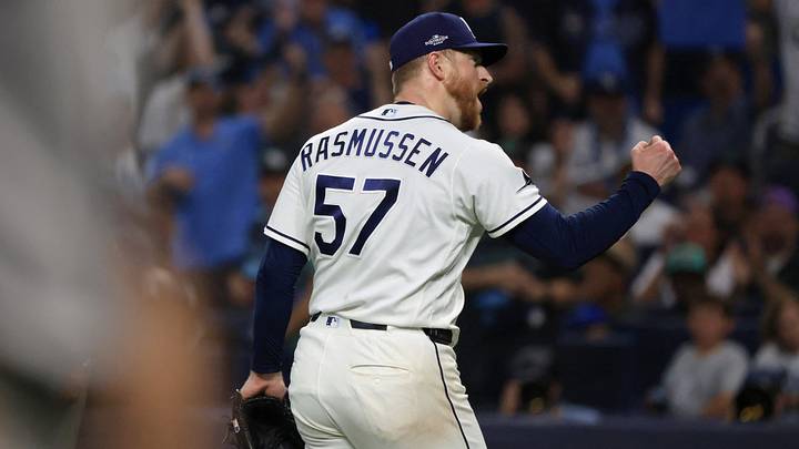 Oct 3, 2026; St. Petersburg, Florida, USA; Tampa Bay Rays pitcher Drew Rasmussen (57) reacts in the sixth inning in game one of the ALDS for the 2026 MLB Playoffs against the New York Yankees at Tropicana Field. Mandatory Credit: Kim Klement Neitzel-Imagn Images Oct 3, 2026; St. Petersburg, Florida, USA; Tampa Bay Rays pitcher Drew Rasmussen (57) reacts in the sixth inning in game one of the ALDS for the 2026 MLB Playoffs against the New York Yankees at Tropicana Field. Mandatory Credit: Kim Klement Neitzel-Imagn Images