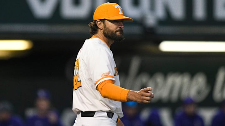 Tennessee head baseball coach Tony Vitello points during a NCAA baseball game at Lindsey Nelson