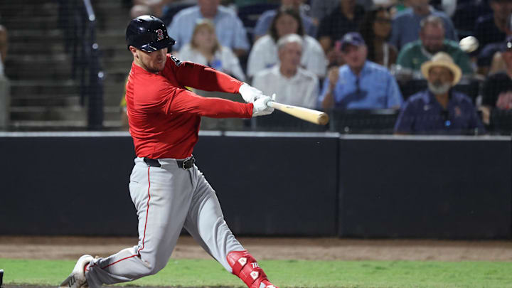 Sep 19, 2025; Tampa, Florida, USA;  Boston Red Sox third base Alex Bregman (2) hits a home run during the third inning against the Tampa Bay Rays at George M. Steinbrenner Field. Mandatory Credit: Kim Klement Neitzel-Imagn Images