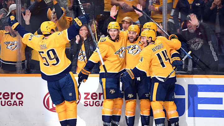 Apr 9, 2024; Nashville, Tennessee, USA; Nashville Predators center Ryan O'Reilly (90) celebrates