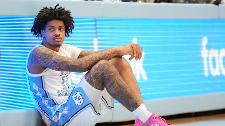 Feb 2, 2026; Chapel Hill, North Carolina, USA; North Carolina Tar Heels forward Jonathan Powell (11) waits to come into the game in the first half at Dean E. Smith Center. Mandatory Credit: Bob Donnan-Imagn Images