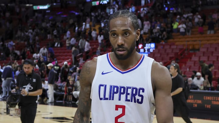 LA Clippers forward Kawhi Leonard (2) looks on after the game against the Miami Heat at Kaseya Center. 