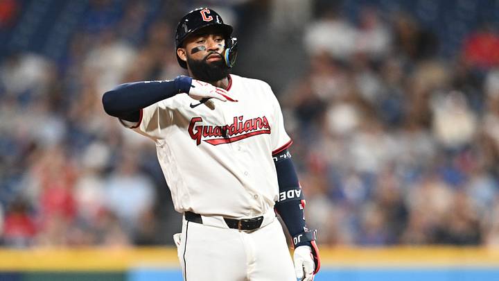 Sep 1, 2026; Cleveland, Ohio, USA; Cleveland Guardians right fielder Jo Adell (7) celebrates after hitting a double during the sixth inning against the Toronto Blue Jays at Progressive Field. Mandatory Credit: Ken Blaze-Imagn Images Sep 1, 2026; Cleveland, Ohio, USA; Cleveland Guardians right fielder Jo Adell (7) celebrates after hitting a double during the sixth inning against the Toronto Blue Jays at Progressive Field. Mandatory Credit: Ken Blaze-Imagn Images