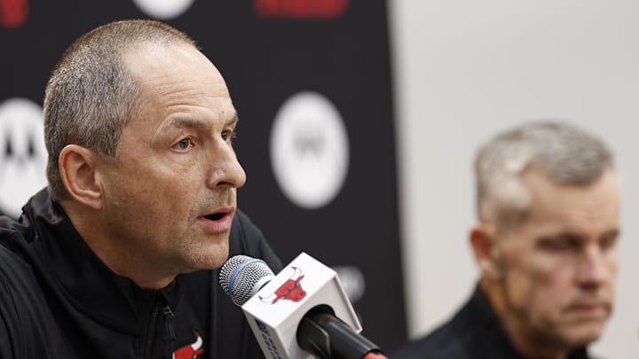 Sep 30, 2024; Chicago, Il, USA; Chicago Bulls vice president of basketball operations Arturas Karnisovas speaks during Chicago Bulls Media Day. Mandatory Credit: Kamil Krzaczynski-Imagn Images Sep 30, 2024; Chicago, Il, USA; Chicago Bulls vice president of basketball operations Arturas Karnisovas speaks during Chicago Bulls Media Day. Mandatory Credit: Kamil Krzaczynski-Imagn Images