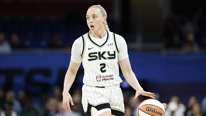 Jul 24, 2025; Chicago, Illinois, USA; Chicago Sky guard Hailey Van Lith (2) brings the ball up court against the Seattle Storm during the first half at Wintrust Arena. Mandatory Credit: Kamil Krzaczynski-Imagn Images