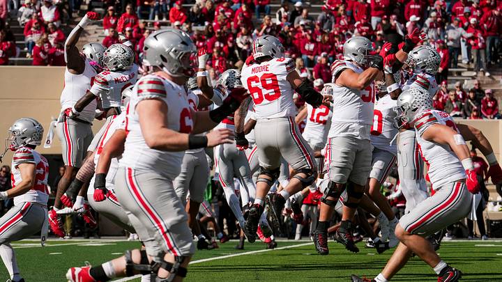 The Ohio State Buckeyes warm up during the NCAA football game against the Indiana Hoosiers at Memorial Stadium Stadium in Bloomington, Ind. on Oct. 17, 2026. The Ohio State Buckeyes warm up during the NCAA football game against the Indiana Hoosiers at Memorial Stadium Stadium in Bloomington, Ind. on Oct. 17, 2026.