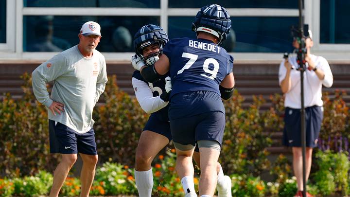 Tackle Theo Benedet  remains in the running with Braxton Jones for starting left tackle but the competition is dwinding.