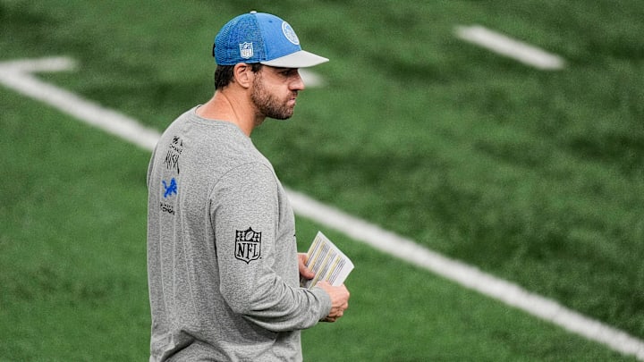 Detroit Lions pass game coordinator Tanner Engstrand watches practice at Meijer Performance Center in Allen Park on Friday, Jan. 3, 2025.