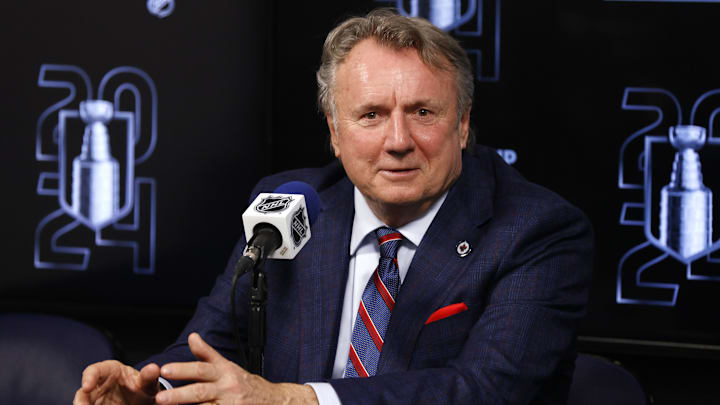 Apr 30, 2024; Winnipeg, Manitoba, CAN; Winnipeg Jets head coach Rick Bowness talks to media after their loss to the Colorado Avalanche in game five of the first round of the 2024 Stanley Cup Playoffs at Canada Life Centre. Mandatory Credit: James Carey Lauder-Imagn Images Apr 30, 2024; Winnipeg, Manitoba, CAN; Winnipeg Jets head coach Rick Bowness talks to media after their loss to the Colorado Avalanche in game five of the first round of the 2024 Stanley Cup Playoffs at Canada Life Centre. Mandatory Credit: James Carey Lauder-Imagn Images