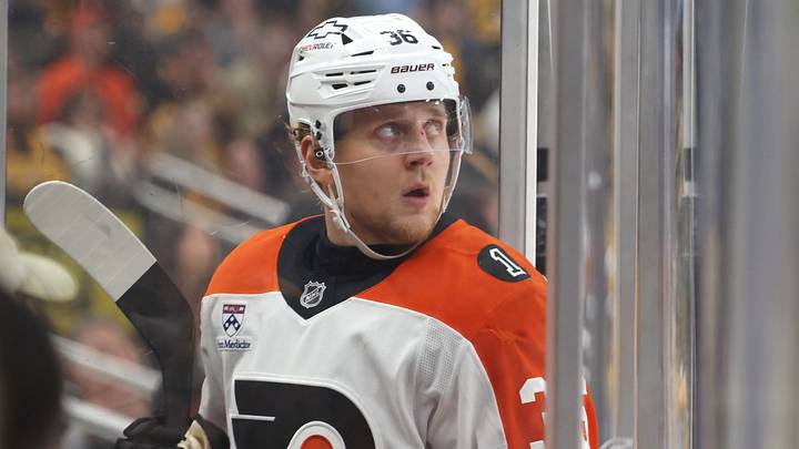 Apr 27, 2026; Pittsburgh, Pennsylvania, USA; Philadelphia Flyers defenseman Emil Andrae (36) watches a scoreboard replay as he enters the penalty box on a tripping infraction against the Pittsburgh Penguins during the third period in game five of the first round of the 2026 Stanley Cup Playoffs at PPG Paints Arena. Mandatory Credit: Charles LeClaire-Imagn Images Apr 27, 2026; Pittsburgh, Pennsylvania, USA; Philadelphia Flyers defenseman Emil Andrae (36) watches a scoreboard replay as he enters the penalty box on a tripping infraction against the Pittsburgh Penguins during the third period in game five of the first round of the 2026 Stanley Cup Playoffs at PPG Paints Arena. Mandatory Credit: Charles LeClaire-Imagn Images