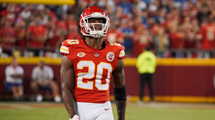 Kansas City Chiefs safety Justin Reid (20) celebrates after a play agains the Detroit Lions during the second half at GEHA Field at Arrowhead Stadium.