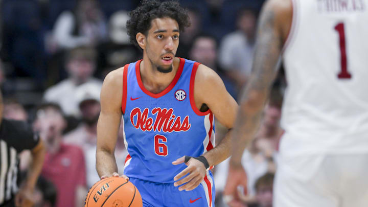 Mar 14, 2026; Nashville, TN, USA; Mississippi Rebels guard Ilias Kamardine (6) brings the ball up court against the Arkansas Razorbacks during the second half at Bridgestone Arena. Mandatory Credit: Steve Roberts-Imagn Images Mar 14, 2026; Nashville, TN, USA; Mississippi Rebels guard Ilias Kamardine (6) brings the ball up court against the Arkansas Razorbacks during the second half at Bridgestone Arena. Mandatory Credit: Steve Roberts-Imagn Images