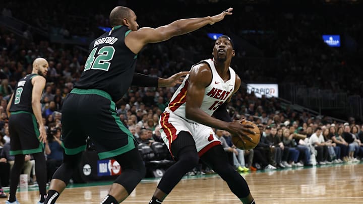 May 1, 2024; Boston, Massachusetts, USA; Miami Heat center Bam Adebayo (13) looks for a way around; Credit: Winslow Townson-USA TODAY Sports May 1, 2024; Boston, Massachusetts, USA; Miami Heat center Bam Adebayo (13) looks for a way around; Credit: Winslow Townson-USA TODAY Sports