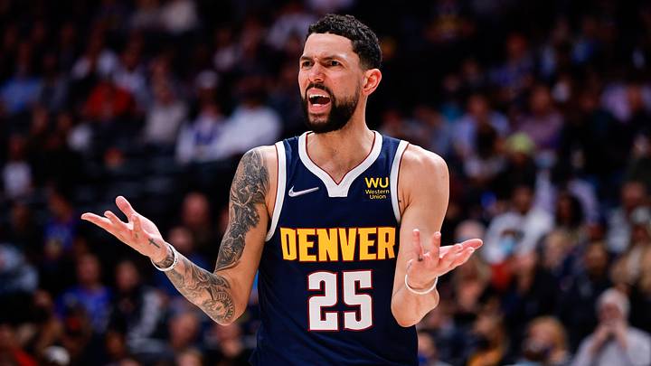 Oct 29, 2021; Denver, Colorado, USA; Denver Nuggets guard Austin Rivers (25) reacts after a call in the fourth quarter against the Dallas Mavericks at Ball Arena. Mandatory Credit: Isaiah J. Downing-USA TODAY Sports