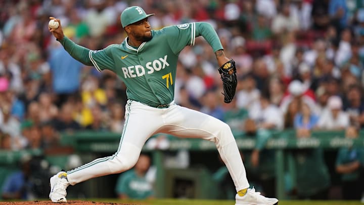 Jul 11, 2025; Boston, Massachusetts, USA; Boston Red Sox pitcher Jorge Alcala (71) throws a pitch against the Tampa Bay Rays in the second inning at Fenway Park. Mandatory Credit: David Butler II-Imagn Images