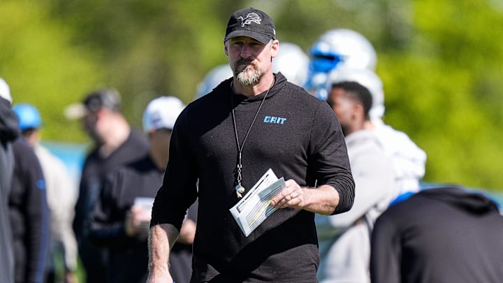 Detroit Lions head coach Dan Campbell watches practice during rookie mini camp at Meijer Performance Center in Allen Park on Friday, May 9, 2025.