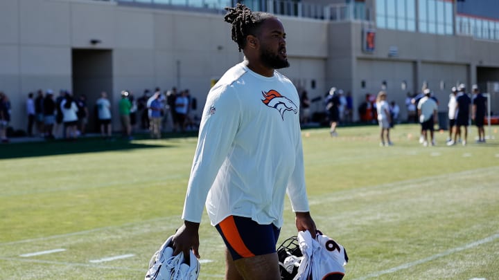 Aug 10, 2022; Englewood, CO, USA; Denver Broncos defensive lineman Eyioma Uwazurike (96) during training camp at the UCHealth Training Center. Mandatory Credit: Isaiah J. Downing-USA TODAY Sports