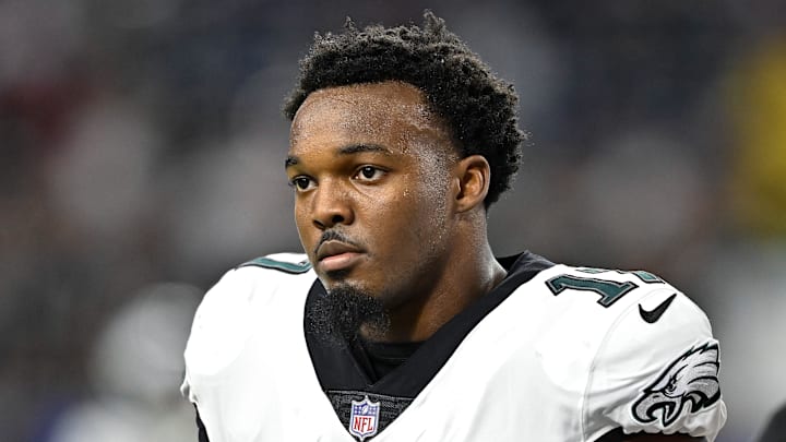 Nov 3, 2022; Houston, Texas, USA;  Philadelphia Eagles linebacker Nakobe Dean (17) looks on the field prior to the game against the Houston Texans at NRG Stadium. Mandatory Credit: Maria Lysaker-Imagn Images