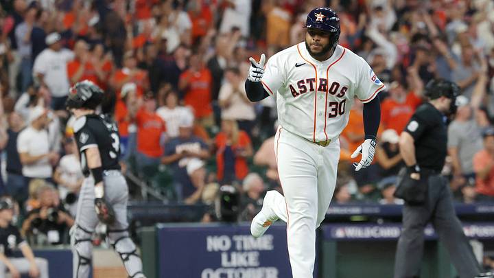 Sep 29, 2026; Houston, Texas, USA; Houston Astros outfielder Nelson Velazquez (30) reacts after hitting a two run home run in the fifth inning against the Chicago White Sox during game one of the Wildcard round for the 2026 MLB Playoffs at Daikin Park. Mandatory Credit: Troy Taormina-Imagn Images Sep 29, 2026; Houston, Texas, USA; Houston Astros outfielder Nelson Velazquez (30) reacts after hitting a two run home run in the fifth inning against the Chicago White Sox during game one of the Wildcard round for the 2026 MLB Playoffs at Daikin Park. Mandatory Credit: Troy Taormina-Imagn Images