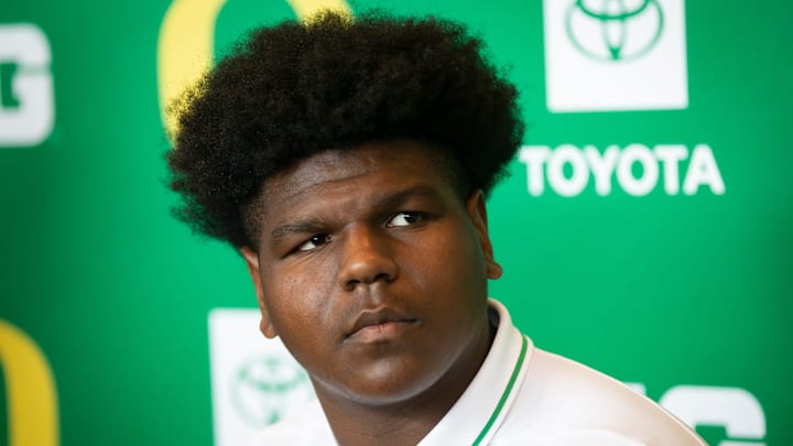 Oregon offensive lineman Josh Conerly Jr. speaks during Oregon football’s media day Monday, July 29, 2024 at Autzen Stadium in Eugene, Ore.