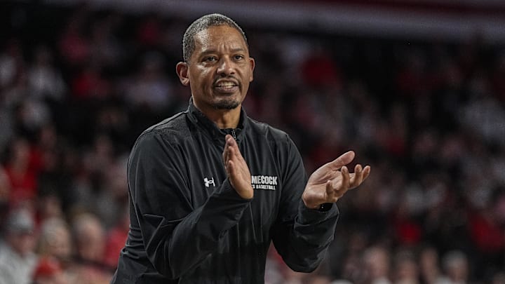 Feb 28, 2026; Athens, Georgia, USA; South Carolina Gamecocks head coach Lamont Paris reacts on the sideline during the game against the Georgia Bulldogs during the second half at Stegeman Coliseum. Mandatory Credit: Dale Zanine-Imagn Images