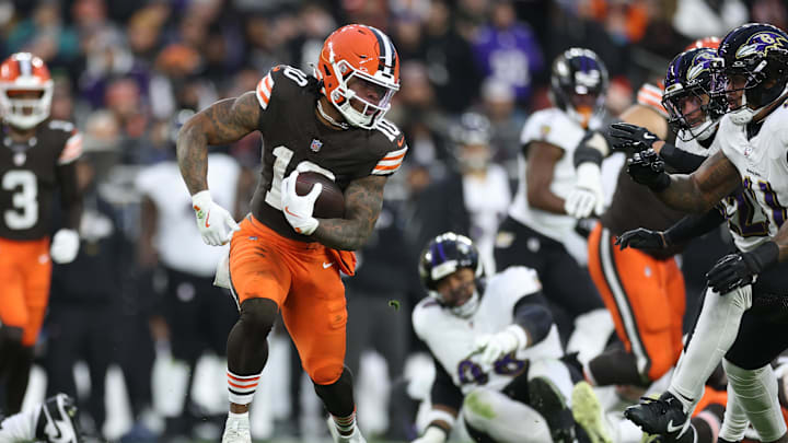 Nov 16, 2025; Cleveland, Ohio, USA; Cleveland Browns running back Quinshon Judkins (10) runs for a gain during the first quarter against the Baltimore Ravens at Huntington Bank Field. 