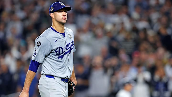 Oct 30, 2024; New York, New York, USA; Los Angeles Dodgers pitcher Jack Flaherty (0) reacts after being relieved during the second inning against the New York Yankees in game four of the 2024 MLB World Series at Yankee Stadium. Oct 30, 2024; New York, New York, USA; Los Angeles Dodgers pitcher Jack Flaherty (0) reacts after being relieved during the second inning against the New York Yankees in game four of the 2024 MLB World Series at Yankee Stadium.
