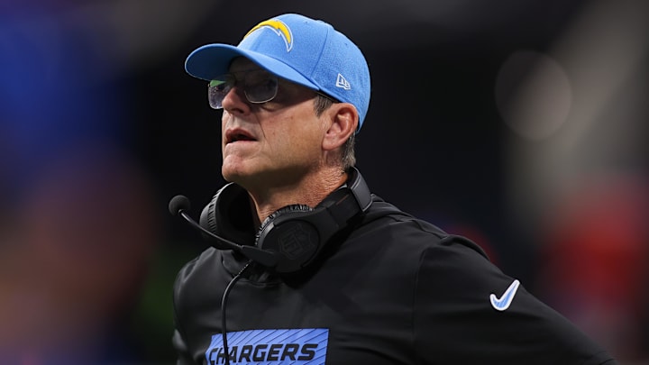Dec 1, 2024; Atlanta, Georgia, USA; Los Angeles Chargers head coach Jim Harbaugh on the sideline against the Atlanta Falcons in the third quarter at Mercedes-Benz Stadium. Mandatory Credit: Brett Davis-Imagn Images